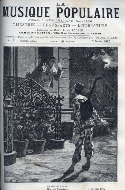 In het maanlicht, een voorstelling van het populaire lied. Harlekijn op Pierrots balkon, in het maanlicht. door Unknown artist