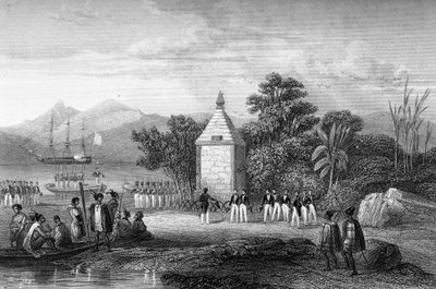 Inhuldiging door kapitein Durville van het monument ter ere van de Franse navigator Jean-François Galaup, graaf van La Pérouse (Jean François Laperouse). door Unknown artist