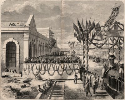 Inhuldiging van de spoorlijn van Toulouse naar Sete in 1857. Gravure in 