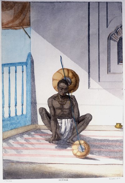 Indiase cultuur, beschaving en samenleving: muzikant met traditioneel Indiaas snaarinstrument. Gravure uit 1808 door Unknown artist