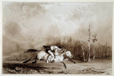 Indiaan van Amerika: Een paard in galop met een vastgebonden man door Unknown artist