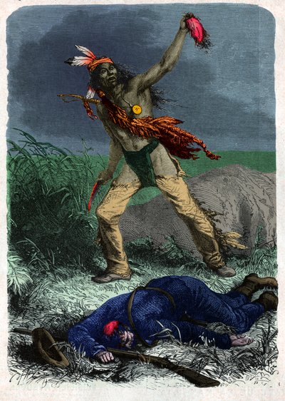 Indiaan scalpeert een soldaat (illustratie, ca. 1900) door Unknown artist