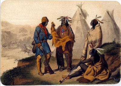 Indianen van Amerika: een pelsjager ruilt met Indianen door Unknown artist