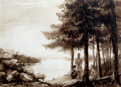 Indianen aan de oevers van een meer. 19e-eeuwse lithografie. La Rochelle, Musee Du Nouveau Monde door Unknown artist