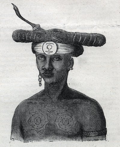 Inheemse bevolking van Nieuw-Guinea: inwoner van de Arfaque-bergen. Gravure in 