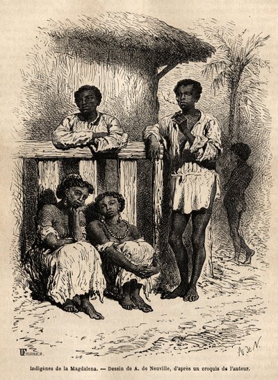 Inheemse mensen van de Magdalena (rivieren), in de straten van de stad Mompox (Colombia). Gravure ter illustratie van de reis naar Nieuw-Granada, door Dr. Saffray, in 1869, gepubliceerd in 