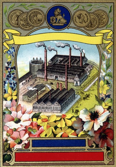 Industrialisatie: Luchtfoto van een fabriek. Chromolithografie van het einde van de 19e eeuw door Unknown artist