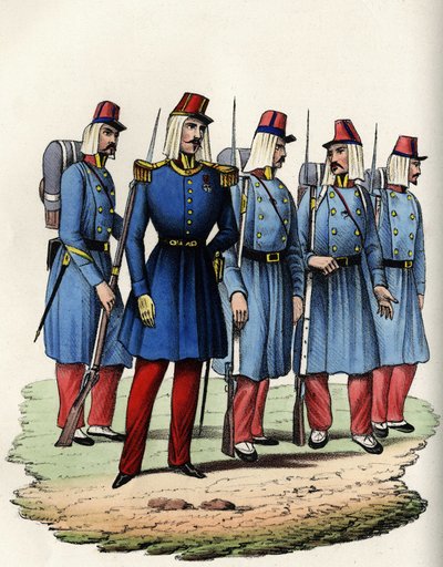 Infanterie van het Franse leger van Afrika; officier, onderofficier en soldaten in Algerije in 1830. In 