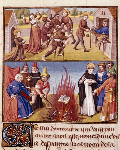 Inquisitie: Autodafe voorgezeten door Sint Dominicus de Guzman (1170-1221), stichter van de Dominicaanse Orde. Miniatuur in 