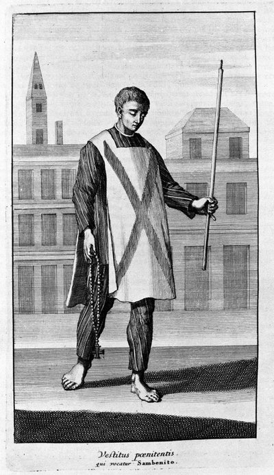 Inquisitie. Kleding van San Benito voor de processie van de Autodafe. Gravure uit 