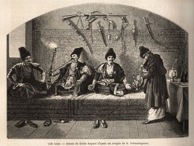 Binnen in een Tataarse café in Schoucha (Transkaukasië, Rusland), waar mannen samenkomen om thee te drinken en waterpijp te roken. Gravure ter illustratie van de reis in de provincies van de Kaukasus, door Basile Vereschaguine, in 1864-1865, gepubliceerd i door Unknown artist