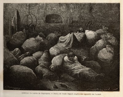 Binnen een rancho van Maynapata (Laag-Peru), verrast door een sneeuwstorm, nemen reizigers hun toevlucht in een modderhut en rusten en verwarmen zich tussen zakken met aardappelen en maïs. Gravure ter illustratie van de reis in de valleien van Quinquinas ( door Unknown artist