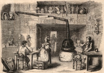 Binnen in het cabaret le Lapin Blanc (Witte Konijn), rue aux feves in Parijs voor de sloop. Een taverne die dateert uit de eerste tijd van de monarchie. Gravure in 