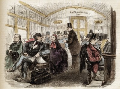 Interieur van een wagon op de Baltimore & Ohio Railroad, VS - 1861 - interieur van een Amerikaanse wagon in 1860 door Unknown artist