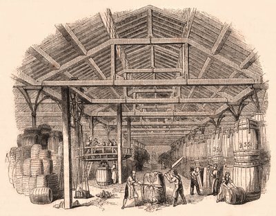 Interieur van een tabaksfabriek: arbeiders hakken een bal tabak en anderen zijn betrokken bij de productie en het hanteren van vaten door Unknown