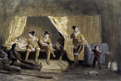 Interieur van een Eskimo-box, Frederikshaab, Groenland - lithografie door Unknown artist