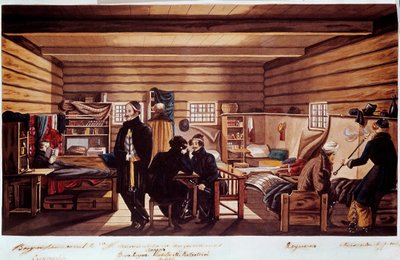 Interieur van de Cheta Casemate: Decembristen politieke bijeenkomst van de Russen betrokken bij de mislukte staatsgreep in Sint-Petersburg op 14 december 1825 om een moderne grondwet van het regime te verkrijgen. Gravure door Unknown artist