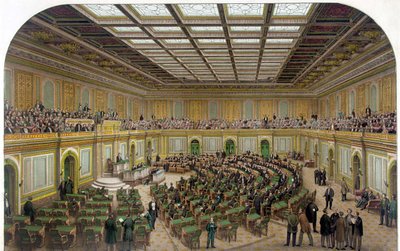 Interieur van het Huis van Afgevaardigden van het Amerikaanse Capitool met het Congres in zitting en de toeschouwers in de galerij - Gravure 1866 door Unknown artist