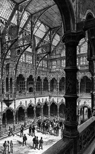 Interieur van de Antwerpse Beurs in de 19e eeuw. Gravure in 