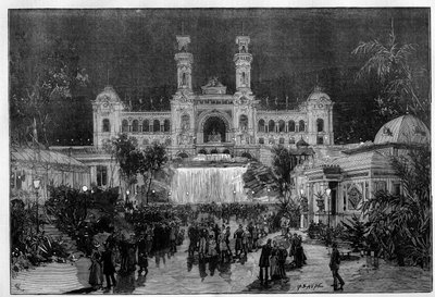Internationale Tentoonstelling van Nice: het paleis van de tentoonstelling verlicht met elektrisch licht. Gravure in "Le Monde Illustré" door Unknown artist