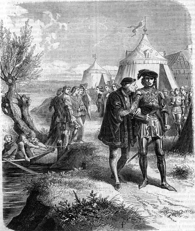 Interview tussen koning Lodewijk XI en de Graaf van Charolais (Karel de Stoute, Hertog van Bourgondië (1433-1477) in september 1465. Gravure uit de 19e eeuw. door Unknown artist