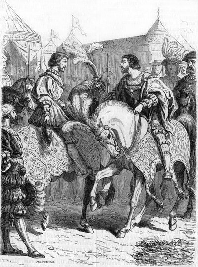 Interview van Frans I en Hendrik VIII. Gravure uit de 19e eeuw. door Unknown artist