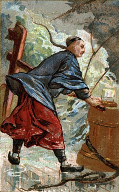 Uitvinding van het Chinese kompas: Chinese navigator gebruikt het kompas op zijn boot. Het eerste gebruik van het kompas als navigatie-instrument op Chinese schepen dateert uit het einde van de 10e eeuw. Chromolithografie van de 19e eeuw door Unknown artist
