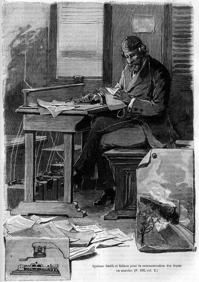 Uitvinding van het Smith en Edison systeem voor communicatie van rijdende treinen. Gravure in het tijdschrift 