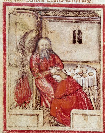 Isaak na het eten van het bokje gebracht door zijn zoon Jakob de Benit, denkend dat het Esau is Miniatuur uit codex 212 (of padovano codex of Bijbel van Padua) 1390-1400 Rovigo, Accademia dei Concordi door Unknown artist