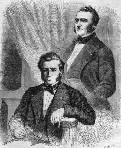 Isaac en Jacob Emile Pereire, Franse zakenlieden, oprichters van de Société de crédit mobilier (1852). door Unknown artist