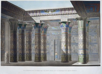 Eiland Philae: Kleurrijk interieur perspectief, genomen onder het portiek van de Grote Tempel - in 