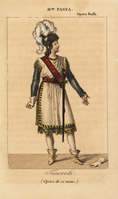 Italiaanse sopraanzangeres Giuditta Pasta in de hoofdrol van Tancredi in de gelijknamige opera van Gioachino Rossini uitgevoerd in de Opera Buffa, Parijs door Unknown artist