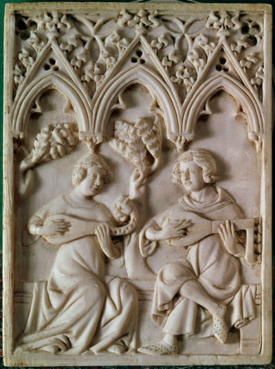 Ivoren tablet met twee muzikanten. 14e eeuw door Unknown artist