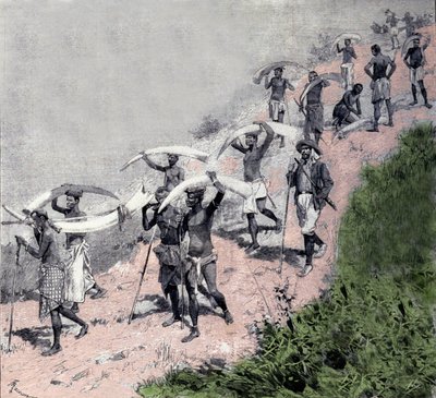 Ivoorhandel: karavaan van Congolese dragers dragen olifantstanden. Gravure uit de 19e eeuw door Unknown artist