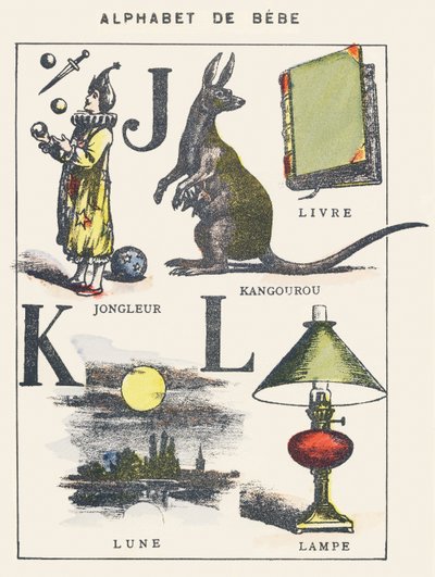 J K L: jongleur, kangoeroe, boek, maan, lamp door Unknown artist
