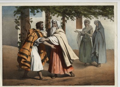 Jacob wordt begroet door Laban. Anonieme gravure uit de 19e eeuw. door Unknown artist