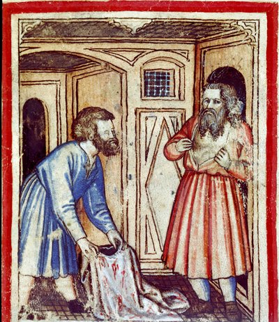 Jacob verneemt de dood van zijn zoon Jozef, verkocht door zijn broers aan de Egyptenaren Miniatuur uit codex 212 (of padovano codice of Bijbel van Padua) 1390-1400 Rovigo, Accademia dei Concordi door Unknown artist