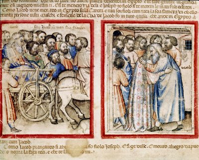 Jakobs vertrek naar Egypte en zijn hereniging met zijn zoon Jozef. Miniatuur uit codex 212 (of padovano codice of Bijbel van Padua). 1390-1400. Rovigo, Accademia dei Concordi door Unknown artist