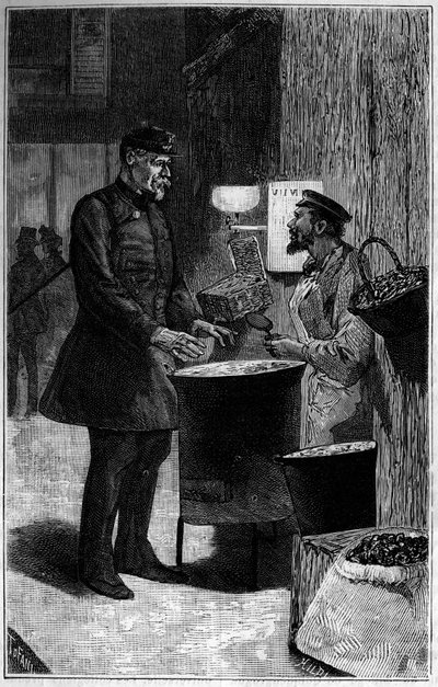 Jacques Gaudry bij een kastanjehandelaar. Gravure in 