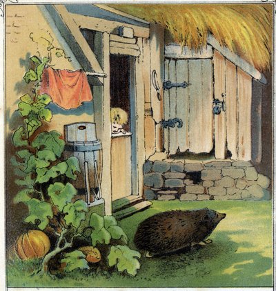 Jacques observeert een egel die de binnenplaats van zijn huis oversteekt. Chromolithografie uit “Scènes enfantines”, ed. Guerin - Muller circa 1885 door Unknown artist