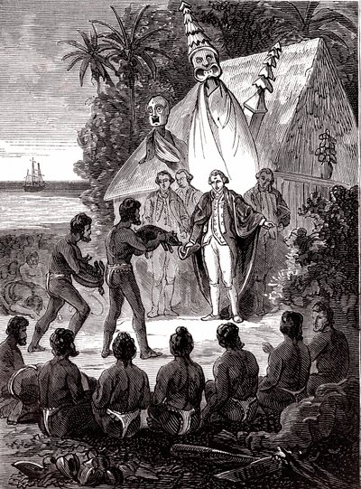 James Cook met de inboorlingen van het eiland Sandwich door Unknown artist