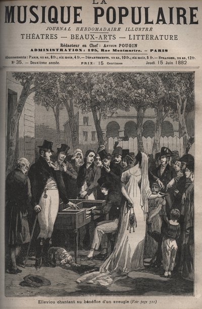 Jean Elleviou, Franse zanger, komiek en librettist (1769-1842) zingend ten behoeve van een blinde man in 1801 op de Champs-Elysées - gravure in 