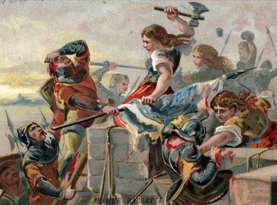 Jeanne Laisne genaamd Jeanne Hachette, figuur van het Franse verzet tegen Karel de Stoute, tijdens het beleg van de stad Beauvais door Unknown artist