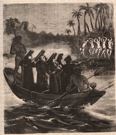 Jezuïetenmissionarissen arriveren per boot bij de Guarani-indianen in Paraguay in 1553 - Gravure van 1879 in 