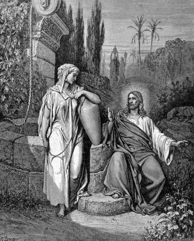 Jezus Christus en de Barmhartige Samaritaan. Het Evangelie volgens Johannes. door Unknown artist