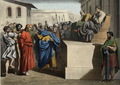Jezus Christus voor Pontius Pilatus. Anonieme gravure uit het midden van de 19e eeuw. door Unknown artist