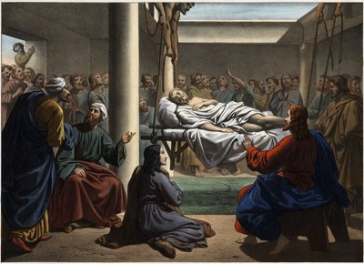 Jezus geneest de verlamde van Bethesda. Anonieme gravure uit het midden van de 19e eeuw. door Unknown artist