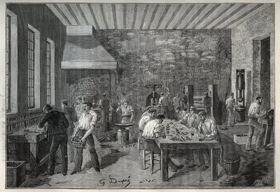 Juwelen: staaljuwelenfabriek. Gravure uit 1885 in 