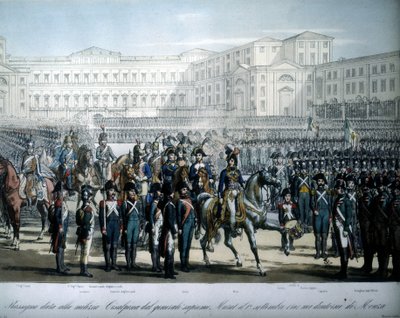 Joachim Murat (1767-1815), benoemd tot Maarschalk van Frankrijk en Koning van Napels door Napoleon, inspecteert de troepen van de Cisalpijnse Republiek door Unknown artist