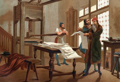 Johannes Gutenberg (1400-1468), Duitse drukker, drukt het eerste vel van de Bijbel. naar 